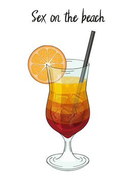 Sex on the beach cocktail, with orange decorations, sraw. For cafe and restaurant menu, packaging and advertisement. Hand drawn. Isolated image. Vector illustration.