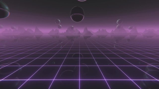 Retro futuristic motion graphics. Flight over the digital landscape with floating ball objects in the space. Retro Wave 80s style animation with mountains and laser grid on the ground