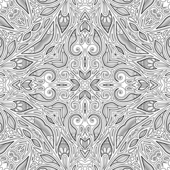 Monochrome Seamless Pattern with Floral Ethnic Motifs