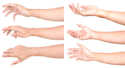 Multiple Male Caucasian hand gestures isolated over the white background, set of multiple images.