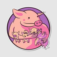 Sow and piglets. Vector drawing