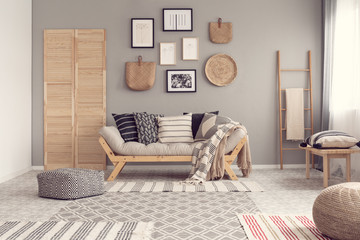 Fashionable scandinavian living room interior design, natural accents concept