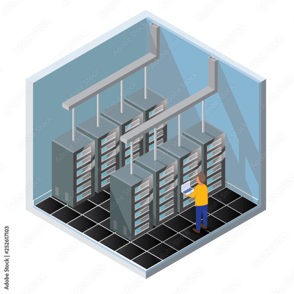 Poster isometric vector illustration diagnostic test in a server computer room. server test in room. server