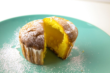 Fresh lemon cake in powdered sugar