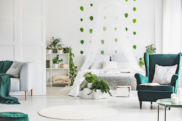 bright bedroom interior with green armchair, bed with canopy and green leafs on white wall