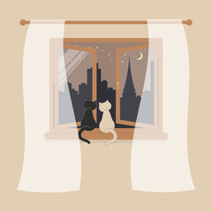 Wooden window with tulle as design element for interior of room on cream background. Night city scene or cityscape is outside. Cats sit on windowsill and looking in the open window.Vector illustration