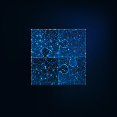 Glowing low polygonal jigsaw puzzle icon of four pieces on dark blue background.