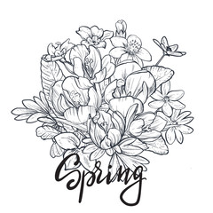 Spring text. Hand lettering with hand drawn flower bouquet on white background.