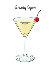 Screaming orgasm cocktail, with cherry decorations. For cafe and restaurant menu, packaging and advertisement. Hand drawn. Isolated image. Vector illustration.