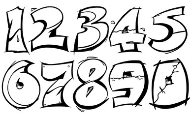 Numeric from 0-9 in graffiti bold stroke vector outline in black and white.