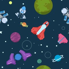 Cartoon space seamless pattern. Alien planets ufo rockets and missiles. Galaxy kid boy room vector wallpaper illustration