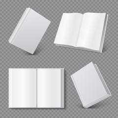 Book cover mockup. Realistic blank booklet cover, white brochure surface, empty paperback magazine mock up. Books 3D vector set