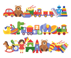 Toys pile. Groups of children plastic game kids toys elephant teddy bear train rocket ship doll dino vector set
