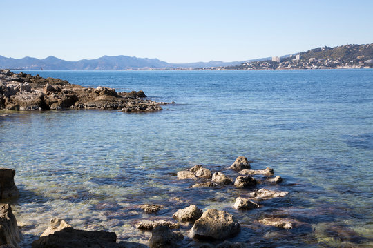 View from the Cap d'Antibes across the the bay towards Juan les Pins, Golfe Juan and Cannes