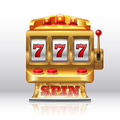 777 jackpot slot machine. Golden casino spin, isolated gambling prize machine. Vector realistic 3D game spinning slot machine