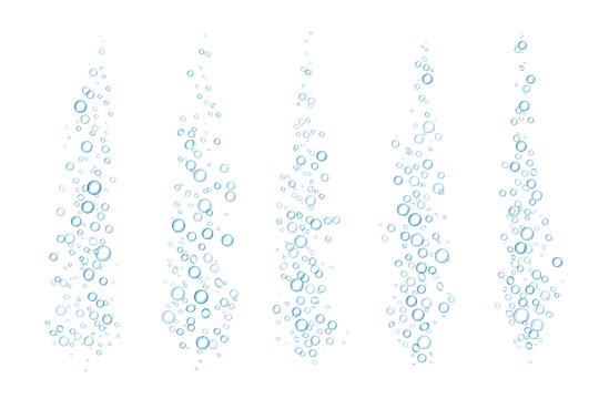 Blue fizzing bubbles. Underwater realistic sparkles transparent isolated water drops. Vector 3d sparkle stream