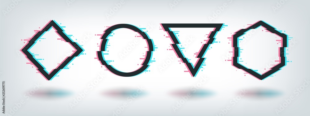 Poster Glitch effect frames. Digital distorted minimal shape, circle triangle rhombus hexagon square tv distortion logo. Vector glitch set