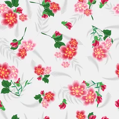 Foto op Plexiglas Cartoon cute doodles seamless texture. Endless vector illustration. Multicolor pattern of  flowers, branches and leaves. can be used for fabric and  wallpaper © vectorjazz