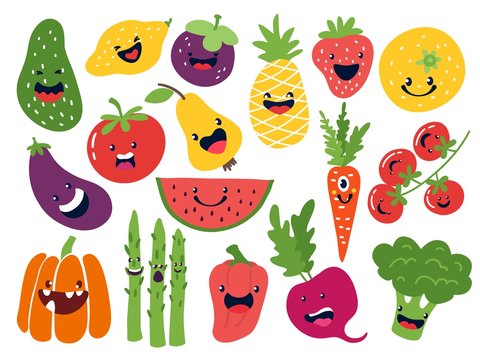 Flat vegetable characters. Funny smiley doodle fruits, hand drawn berries potato onion tomato apples. Vector cute fruits emoticon set
