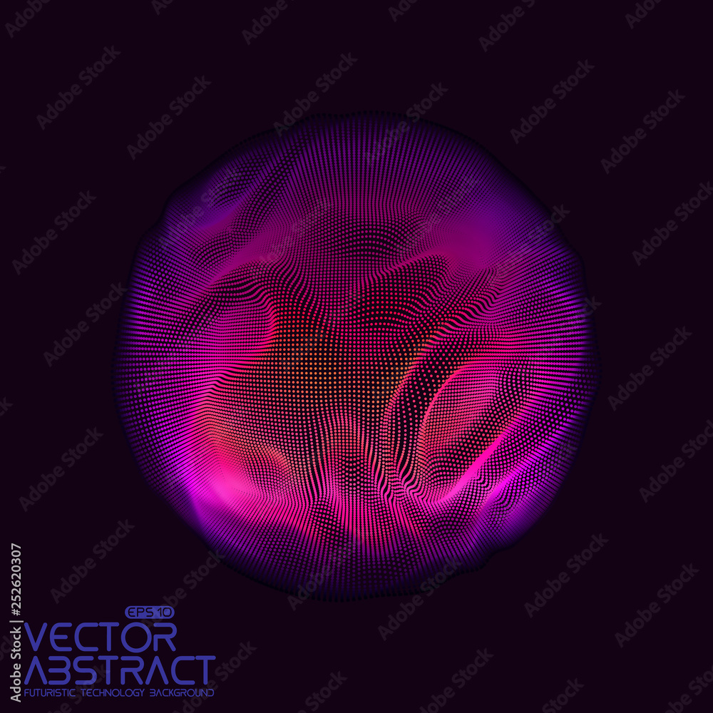 Poster Vector abstract sphere of particles, points array. Futuristic vector illustration. Technology digital splash or explosion of data points. Spherical waveform. Cyber UI or HUD element.