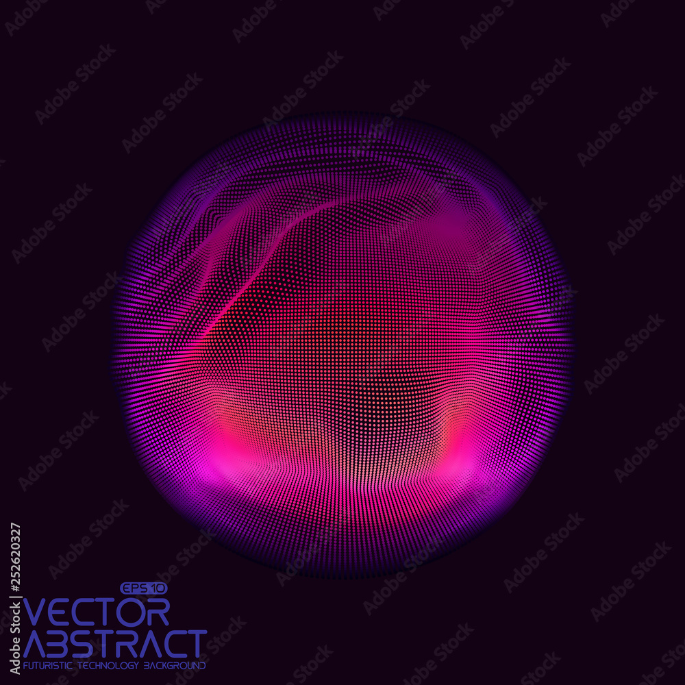 Poster Vector abstract sphere of particles, points array. Futuristic vector illustration. Technology digital splash or explosion of data points. Spherical waveform. Cyber UI or HUD element.