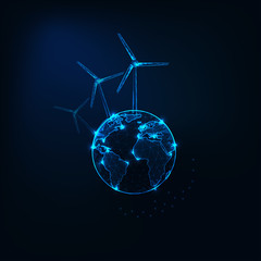 Naklejka premium Glowing low polygonal Earth planet globe with wind turbines on dark blue background.
