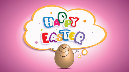 Cartoon of Easter Egg showing on a comic speech bubble with text -Happy Easter- isolated on a violet background