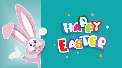 Cute Easter Bunny next to signboard with text -Happy Easter- isolated on a turquoise background