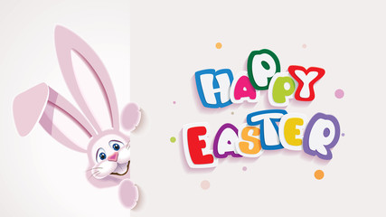 Cute Easter Bunny next to white signboard with text -Happy Easter- isolated on a light background