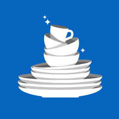 Stack of clean shiny dishes on blue background. White kitchen household cutlery after wash. Detergent label design template. Vector illustration.