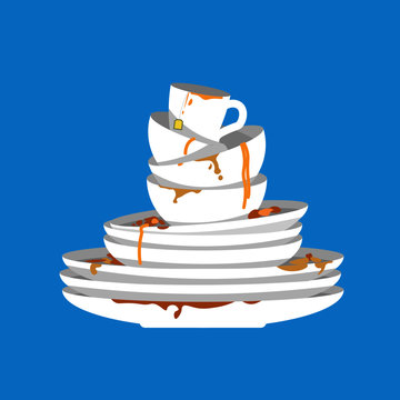 Stack of dirty dishes on blue background. White kitchen household cutlery before wash. Detergent label design template. Vector illustration.