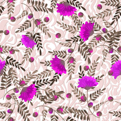 Vector floral ethnic seamless pattern in doodle style with flowers and leaves. Gentle, spring, summer floral background. Lies on an endless texture imitating the skin of an animal