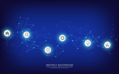 Technical abstract background with connecting dots and lines. Digital technology and communication concept with flat icons.
