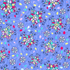 Fototapeta premium Vector floral ethnic seamless pattern in doodle style with flowers and leaves. Gentle, spring, summer floral background. Lies on an endless texture imitating the skin of an animal