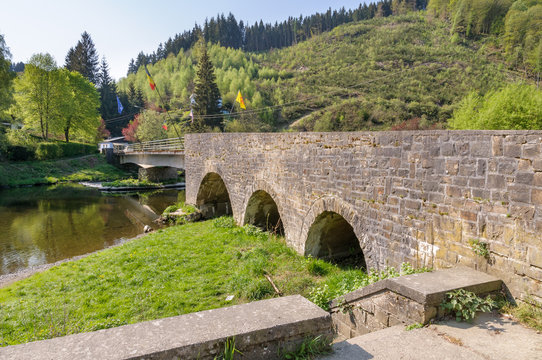 The Maboge Bridge crossing the River Ourthe in Maboge near La Roche-en-Ardenne, Belgium