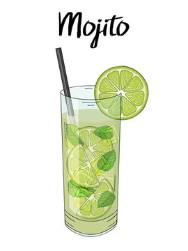 Mojito cocktail, with lime decorations, straw and mint. Hand drawn. Isolated image. Vector illustration.