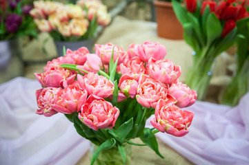 Flowers composition romantic. Bouquet of soft pink tulips.  Ggreeting card for mothers day, 8 March  Hello Spring