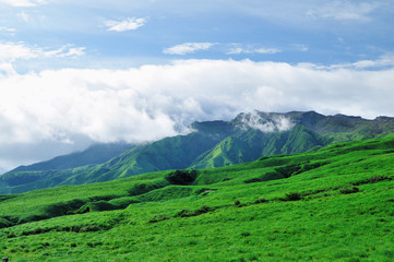 Obraz premium 阿蘇の新緑の山と草原