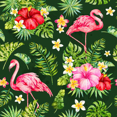Fototapeta premium Tropics. Flamingo. Watercolor botanical illustration. Watercolor tropics seamless pattern. Paradise