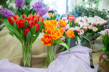 Red and orange tulips in vases, flower show, spring summer background, congratulations