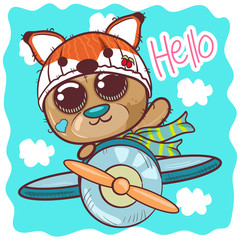 Cute Cartoon Teddy Bear is flying on a plane - Vector