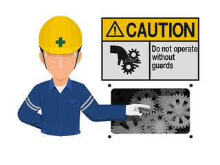 Industrial worker is presenting mechanical hazard sign