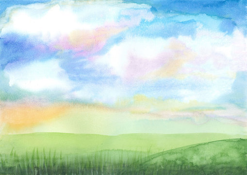 background watercolor illustration, colorful sky with green hill