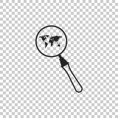 Magnifying glass with world map icon isolated on transparent background. Analyzing the world. Global search sign. Flat design. Vector Illustration