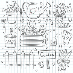 Hand drawn set of garden tools. Vintage ink drawing. Vector illustration isolated on notebook background.