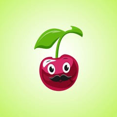 Cherry cartoon character with a mustache. Cute laughing cherry icon isolated on green background