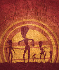 Extraterrestrial alien silhouttes. Monsters attack at sunset