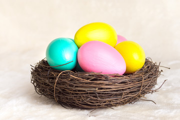 Multi-colored eggs in a nest