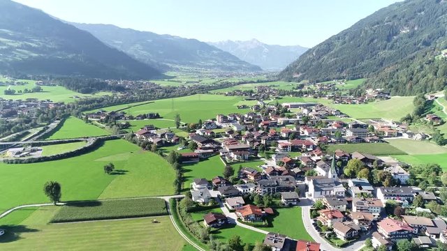 Aerial view of Stumm is municipality in the Schwaz district in Austrian state of Tyrol amd is located at the central valley on the right bank of the Ziller also showing further Zillertal in background