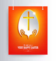 Easter orange composition with a silhouette of an egg with a cross and hands,